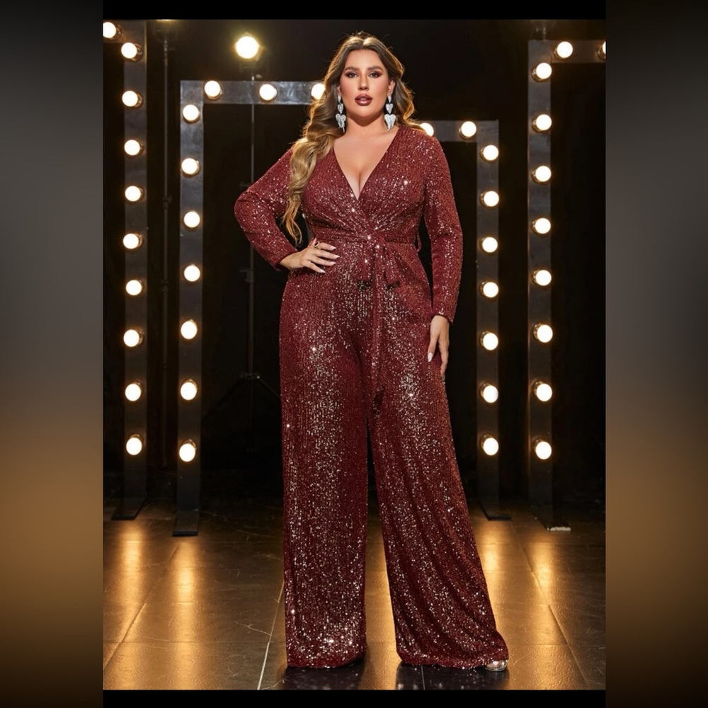 SHEIN Plus surplice Neck Belted sequin jumpsuit 3XL